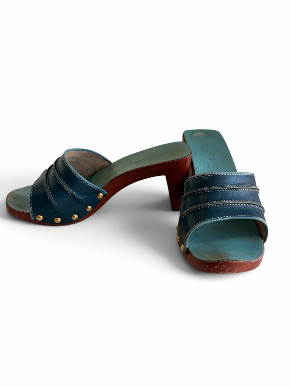 Louis Vuitton Vintage 1999 Studded Wooden Mules Clogs Teal Aqua 36 Y2K